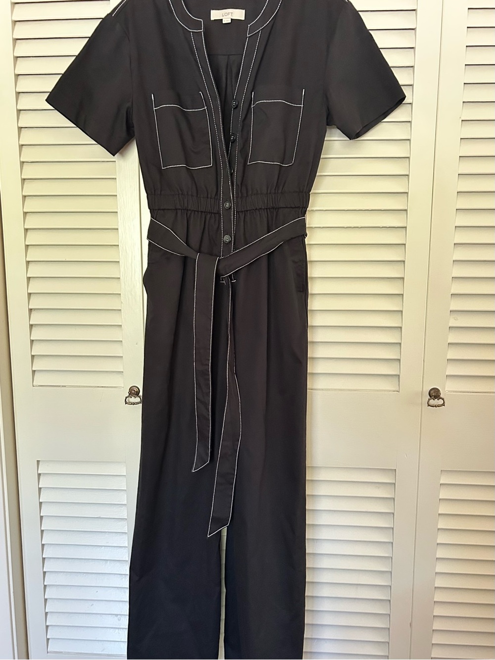 LOFT Black Jumpsuit with Contrast White Topstitching